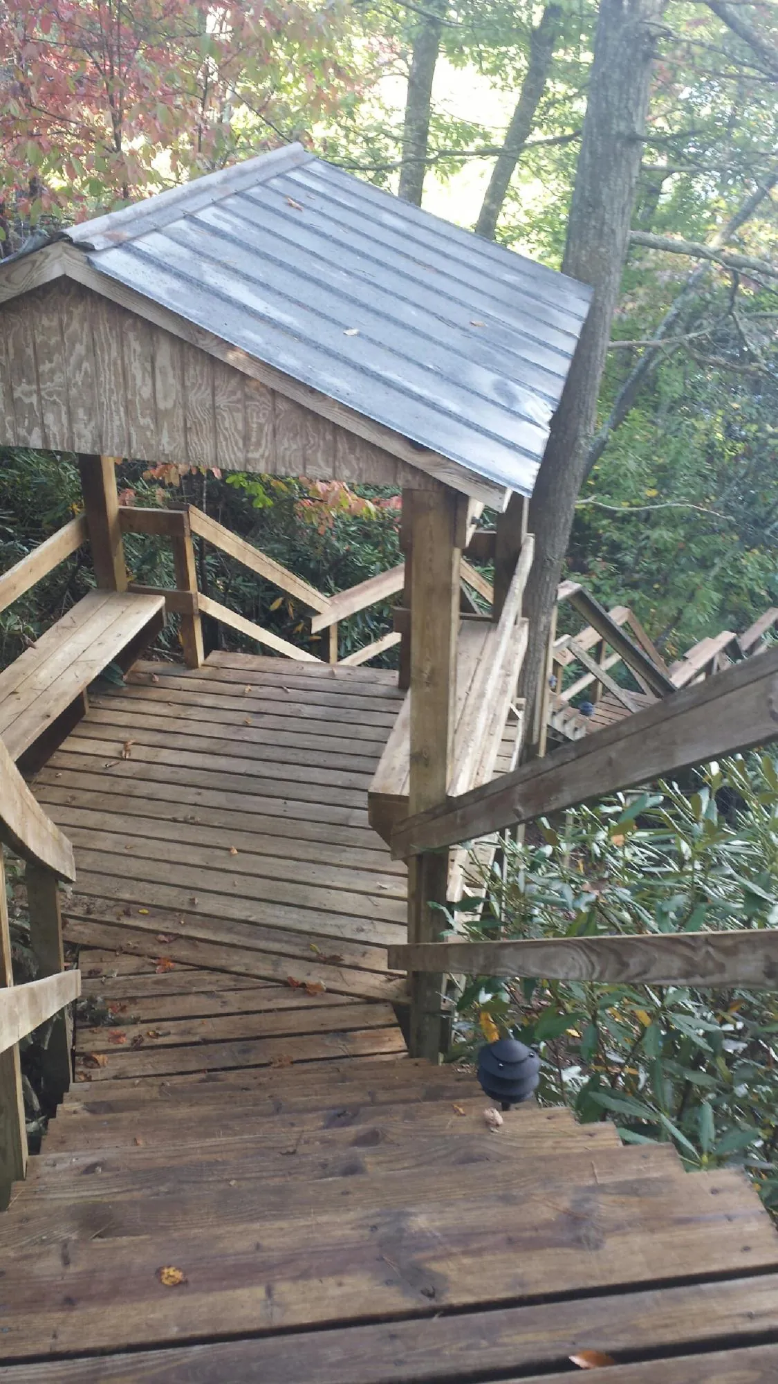 Metal roofed shelter over wooden steps on a wooded walkway — Skylight Repair & Installation work by our crew in Dazey